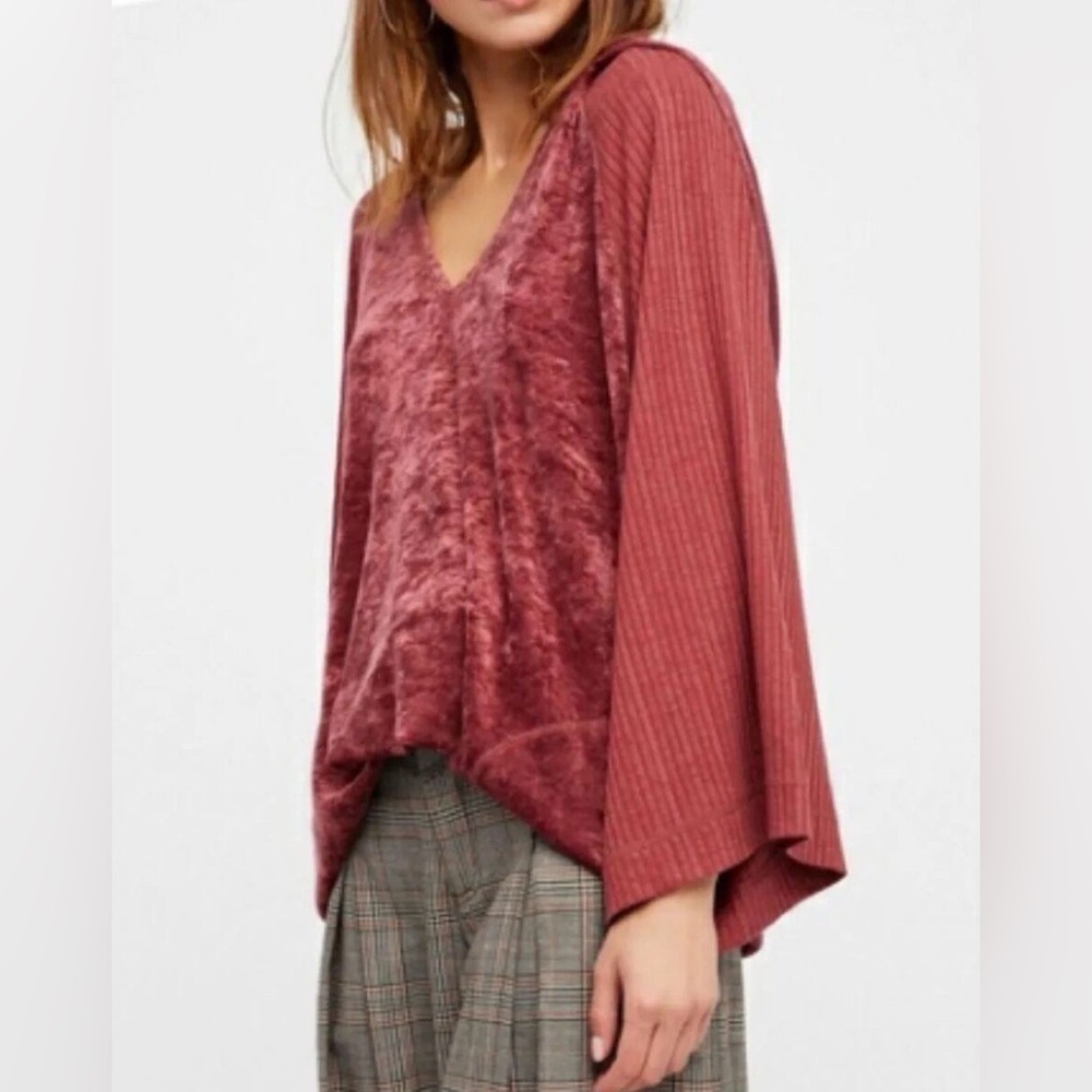 Free People Intimately Go Softly Dark Pink Red Velvet Hoodie Pullover Sweater SM